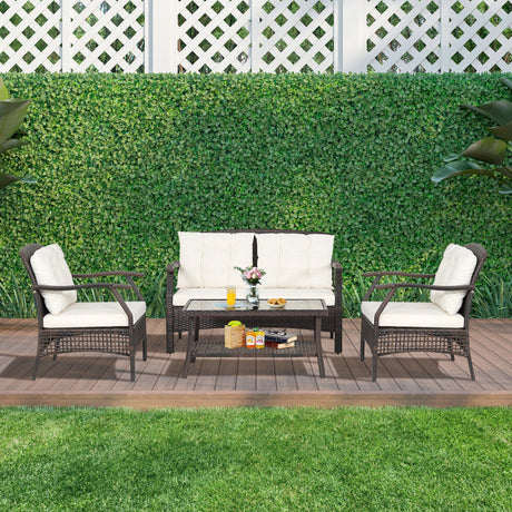 Costway | 4 Pieces Outdoor Rattan Conversation Set with Protective Cover