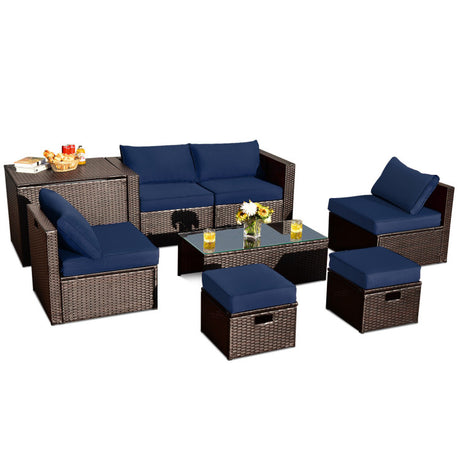 Costway | 8 Pieces Patio Space-Saving Rattan Furniture Set with Storage Box and Waterproof Cover