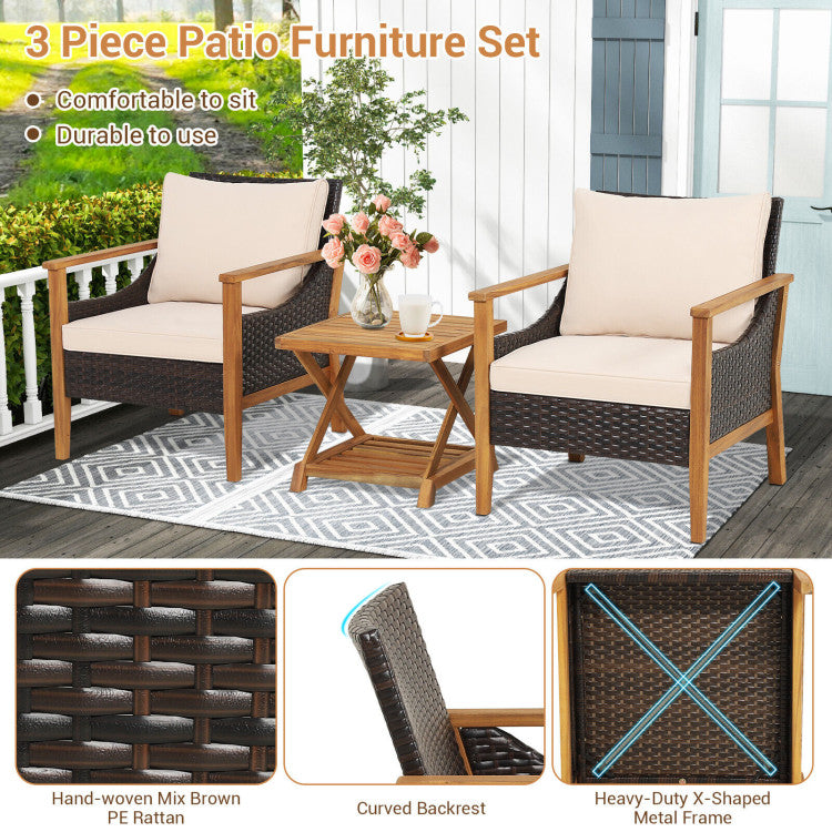 Costway | 3 Pieces Patio Wicker Furniture Set with 2-Tier Side Table and Cushioned Armchairs