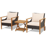 Costway | 3 Pieces Patio Wicker Furniture Set with 2-Tier Side Table and Cushioned Armchairs