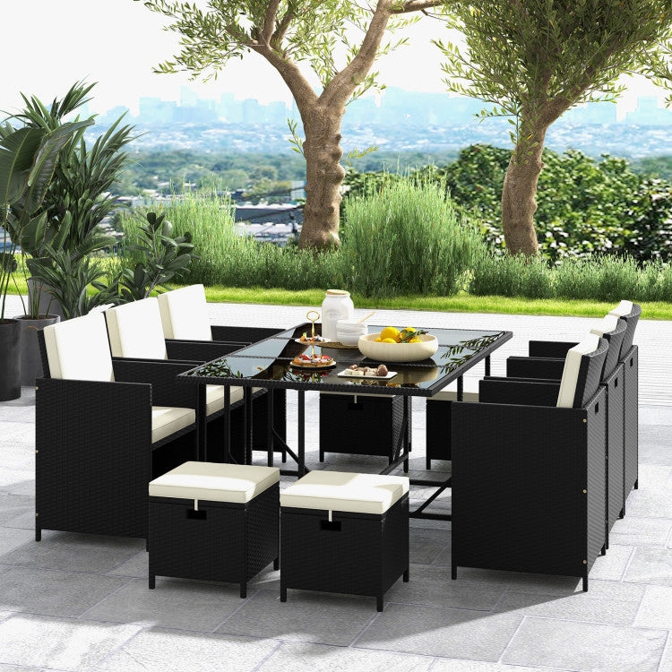 Costway | 11 Piece Patio Dining Set Wicker Chairs and Tempered Glass Table with Waterproof Cushions