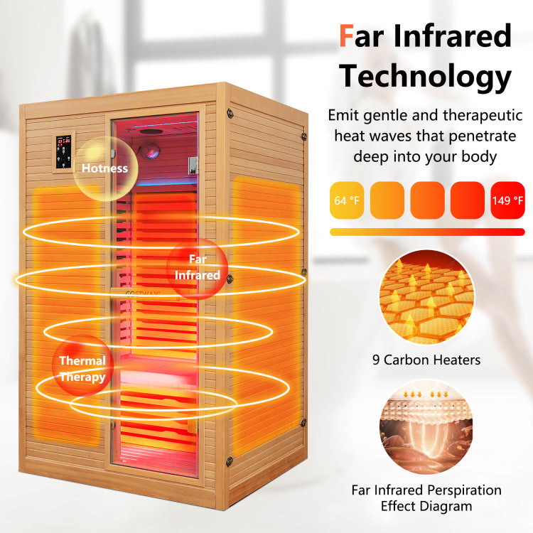Costway | 2024 New 2 People Far Infrared Wooden Sauna Room with Free Red Light Therapy for Home