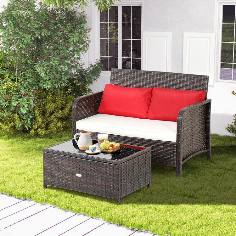 Costway | 2 Pieces Wicker Loveseat Set with Coffee Table