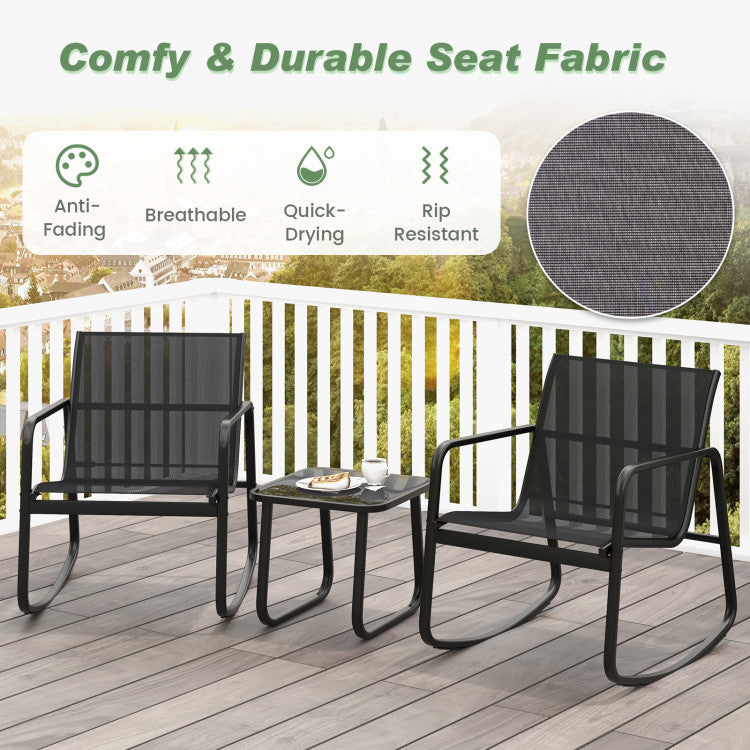 Costway | 2 Rocking Bistro Chairs and Glass-Top Table for Porch Yard Balcony