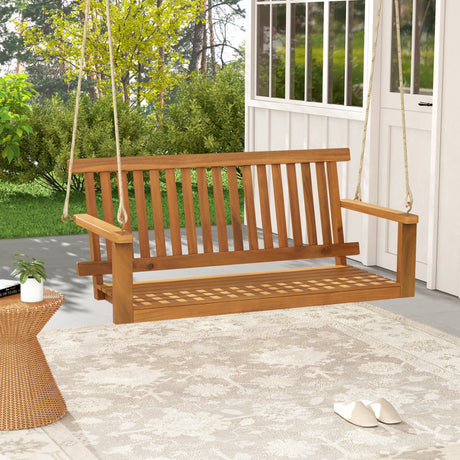 Costway | 2-Seat Acacia Wood Porch Swing Bench with 2 Hanging Hemp Ropes