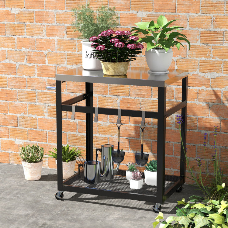Costway | 2-Tier Stainless Steel Grill Cart with 4 Hooks and Wheels BBQ Table