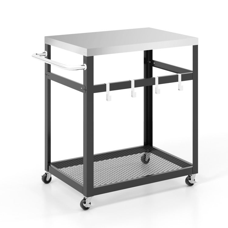 Costway | 2-Tier Stainless Steel Grill Cart with 4 Hooks and Wheels BBQ Table