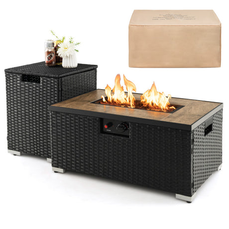 Costway | 32 x 20 Inch Propane Rattan Fire Pit Table Set with Side Table Tank and Cover