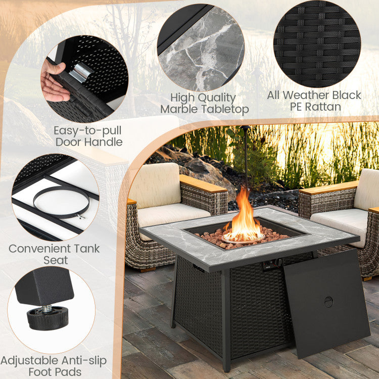 Costway | 35 Inch Propane Gas Fire Pit Table Wicker Rattan with Lava Rocks PVC Cover