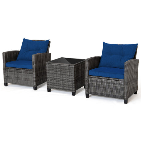 Costway | 3 Pieces Outdoor Wicker Conversation Set with Tempered Glass Tabletop