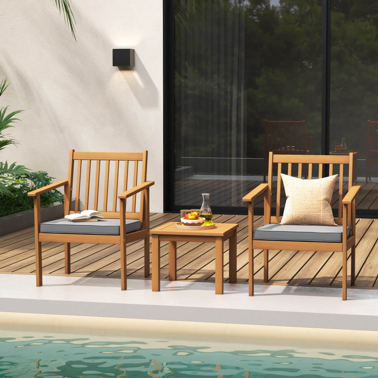 Costway | 3 Pieces Patio Wood Furniture Set with Soft Cushions for Porch