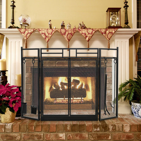 Costway | 3-Panel Folding Wrought Iron Fireplace Screen with Doors and 4 Pieces Tools Set