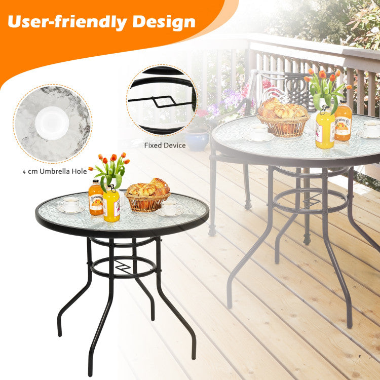 Costway | 32 Inch Patio Tempered Glass Steel Frame Round Table with Convenient Umbrella Hole