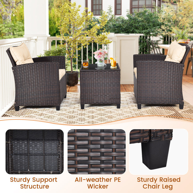 Costway | 3 Pieces Patio Rattan Furniture Set with Washable Cushions and Tempered Glass Tabletop