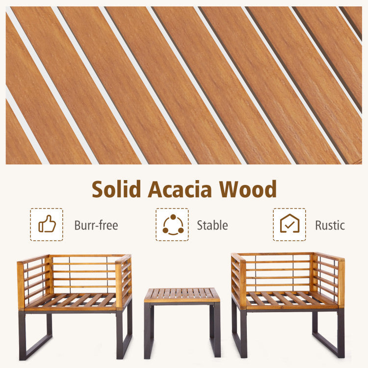 Costway | 3 Pieces Patio Acacia Wood Conversation Set with Cushioned Armchairs