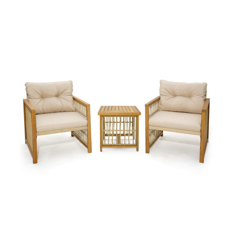 Costway | 3 Pieces Patio PE Wicker Conversation Set with Acacia Wood Frame and Cushions