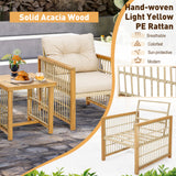 Costway | 3 Pieces Patio PE Wicker Conversation Set with Acacia Wood Frame and Cushions