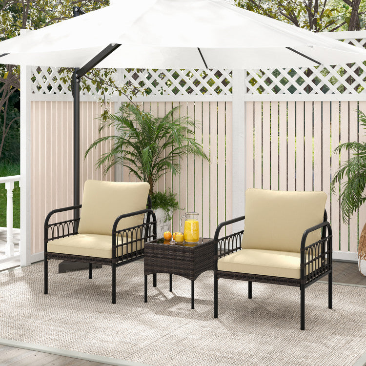 Costway | 3 Pieces Patio Wicker Conversation Set with Cushions and Tempered Glass Coffee Table