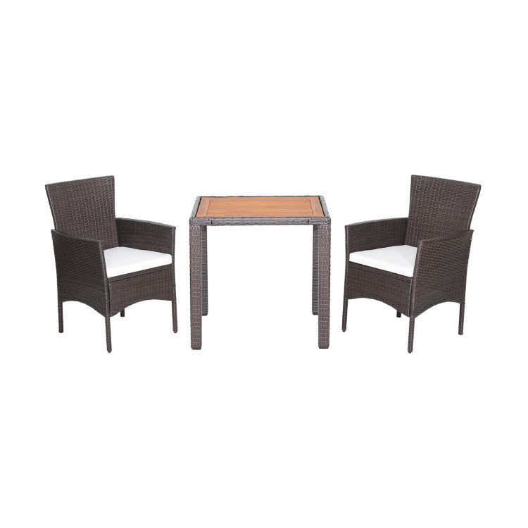 Costway | 3 Pieces Patio Wicker Furniture Set wih Acacia Wood Table Top and Chair Cushions