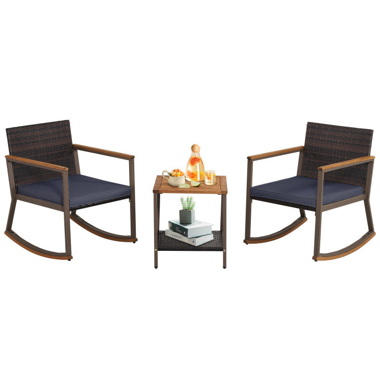 Costway | 3 Pieces Rattan Rocking Bistro Set with Coffee Table and Cushions