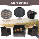 Costway | 4 Pieces Patio Rattan Conversation Furniture Set with Glass Top Coffee Table