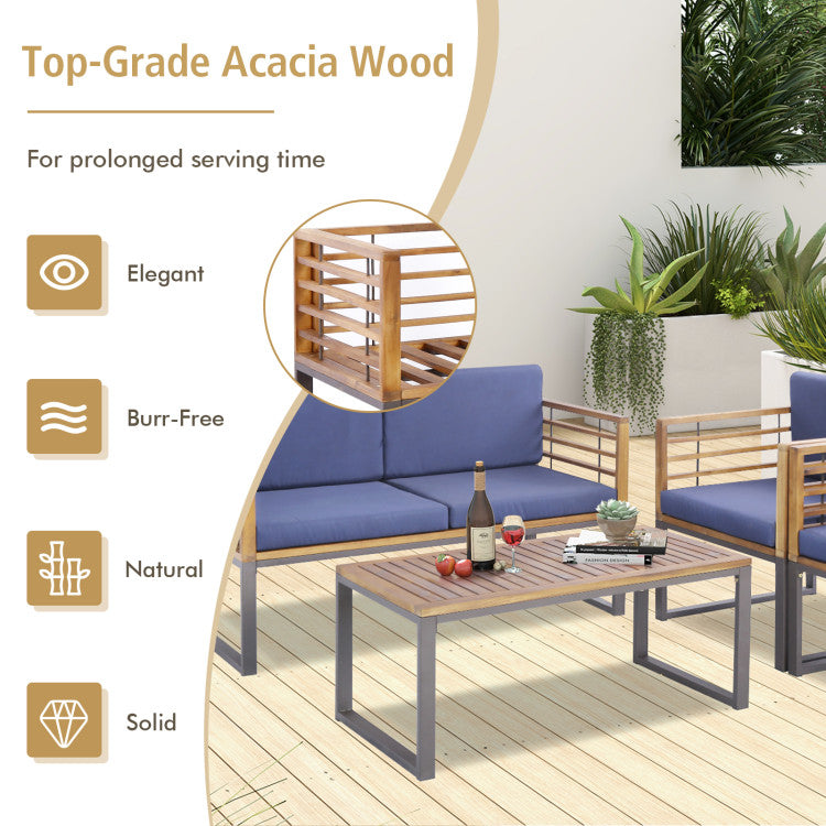 Costway | 4 Piece Patio Acacia Wood Conversation Set with Soft Seat