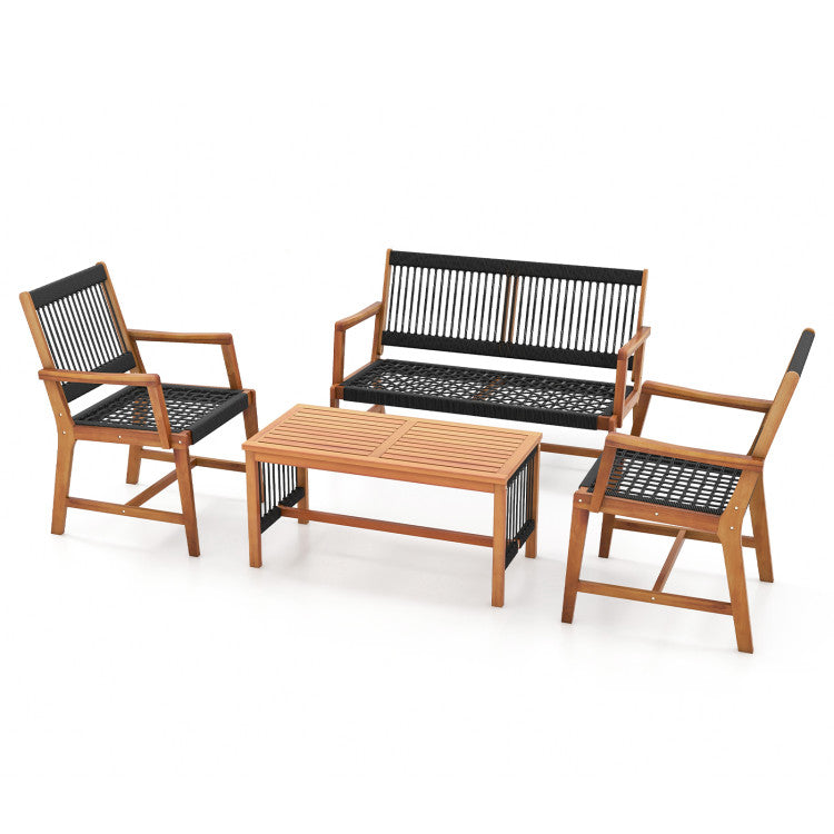 Costway | 4 Pieces Acacia Wood Patio Conversation Table and Chair Set with Hand Woven Rope