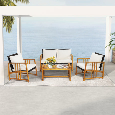 Costway | 4 Pieces Patio Rattan Conversation Set with Seat and Back Cushions