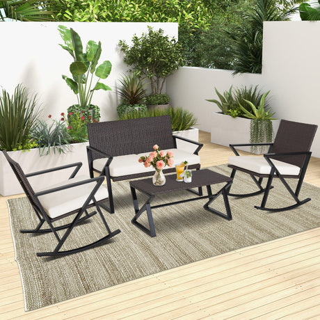 Costway | 4 Pieces Rattan Patio Rocking Furniture Set with Loveseat and Coffee Table
