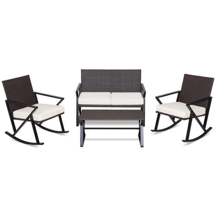 Costway | 4 Pieces Rattan Patio Rocking Furniture Set with Loveseat and Coffee Table