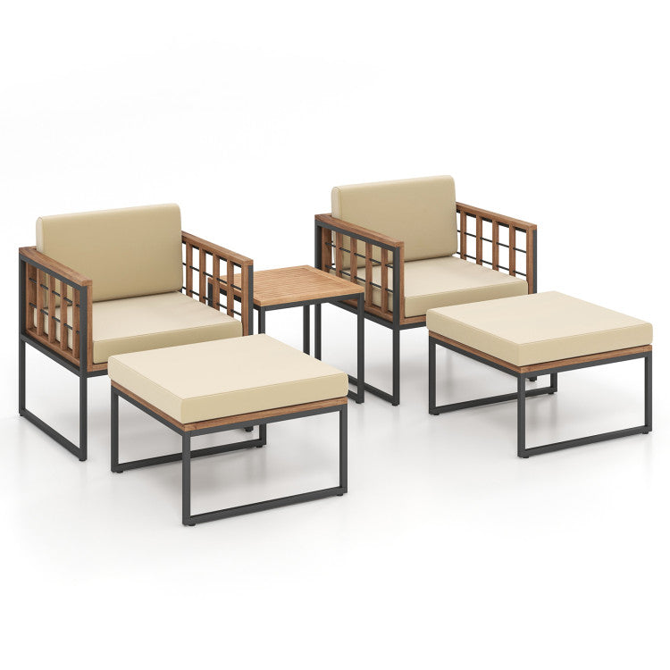 Costway | 5 Piece Outdoor Furniture Set Acacia Wood Chair Set with Ottomans and Coffee Table