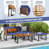 Costway | 5-Piece Patio Acacia Wood Chair Set with Ottoman and Coffee Table