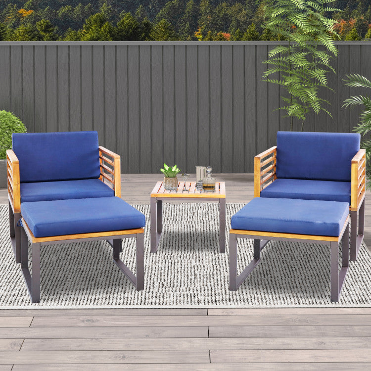 Costway | 5 Piece Patio Acacia Wood Chair Set with Ottomans and Coffee Table