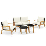 Costway | 5 Piece Rattan Furniture Set Wicker Woven Sofa Set with 2 Tempered Glass Coffee Tables