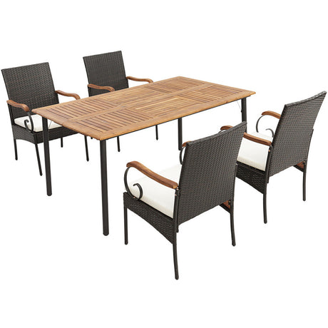 Costway | 5 Pieces Patio Wicker Cushioned Dining Set with Wood Armrest and Umbrella Hole