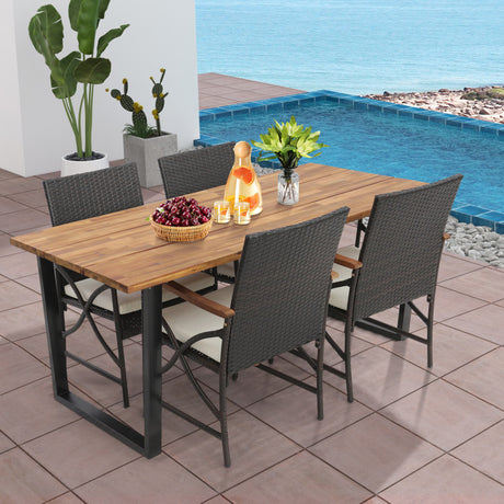 Costway | 5 Pieces Patio Rattan Dining Set with Acacia Wood Tabletop and Armrests