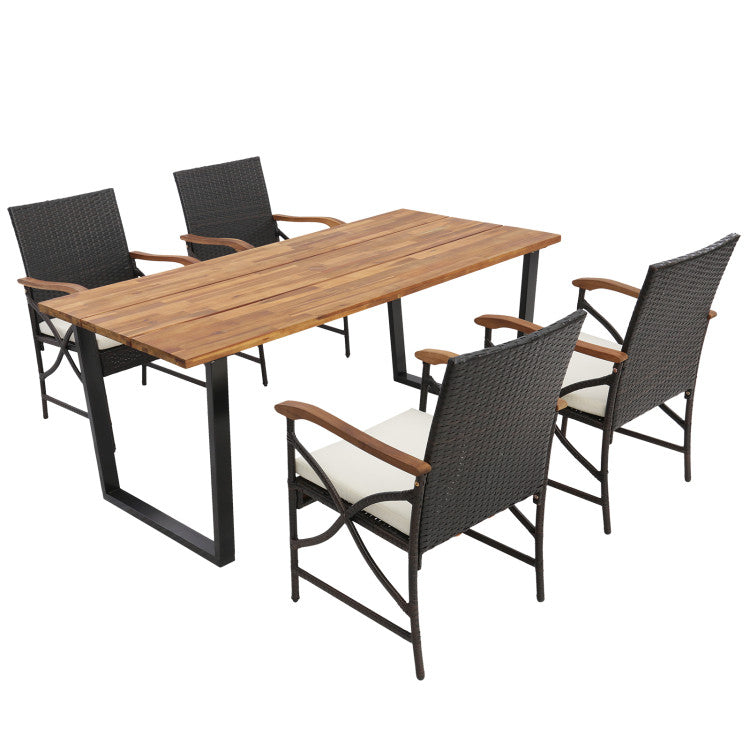 Costway | 5 Pieces Patio Rattan Dining Set with Acacia Wood Tabletop and Armrests