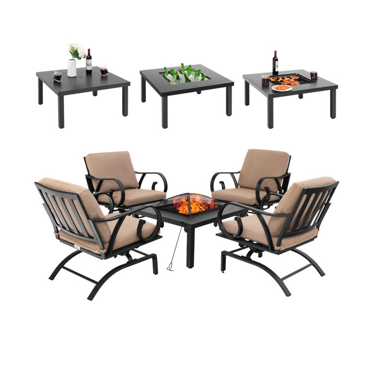 Costway | 5 Pieces Patio Rocking Chairs and 4-in-1 Fire Pit Table with Fire Poker