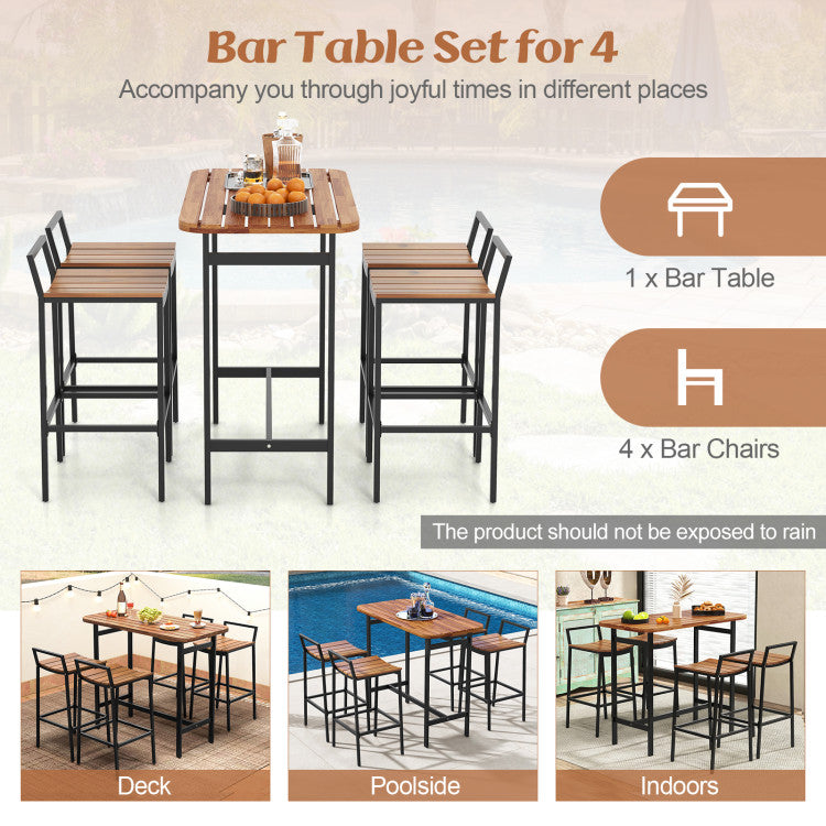 Costway | 5 Piece Acacia Wood Bar Table Set Bar Height Table and Chairs with Metal Frame and Footrest