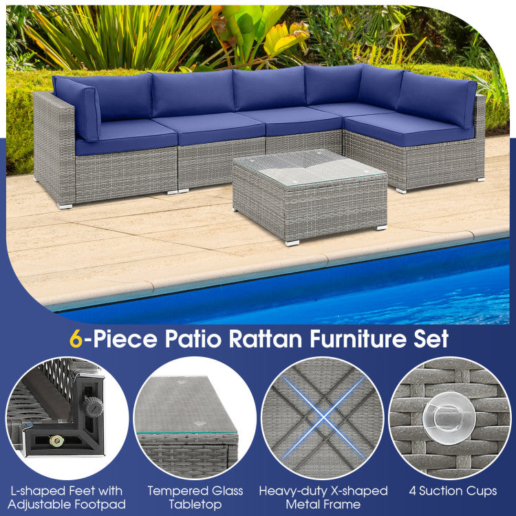 Costway | 6 Piece Patio Conversation Sofa Set with Tempered Glass Coffee Table
