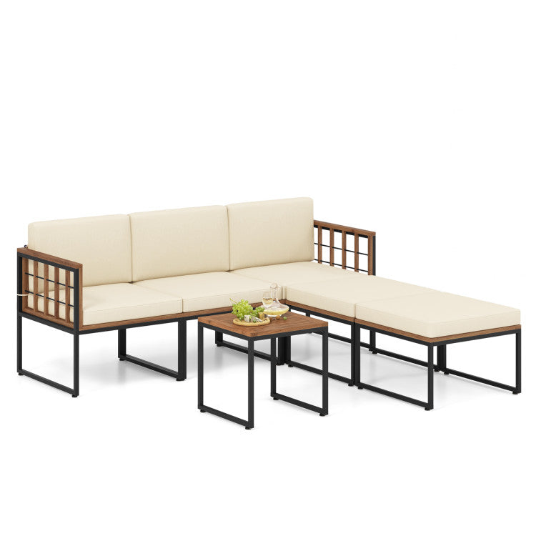 Costway | 6 Pieces Acacia Wood Patio Furniture Set with Coffee Table and Ottomans