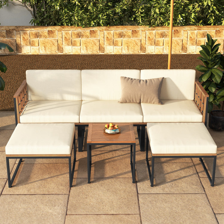 Costway | 6 Pieces Acacia Wood Patio Furniture Set with Coffee Table and Ottomans