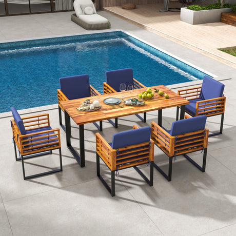 Costway | 7 Pieces Patio Acacia Wood Dining Chair and Table Set for Backyard and Poolside