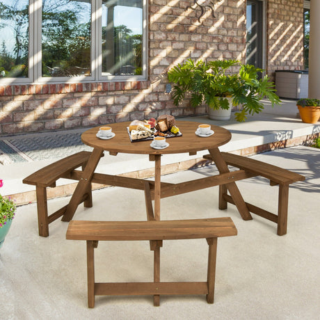 Costway | 6-Person Round Wooden Picnic Table with Umbrella Hole and 3 Built-in Benches