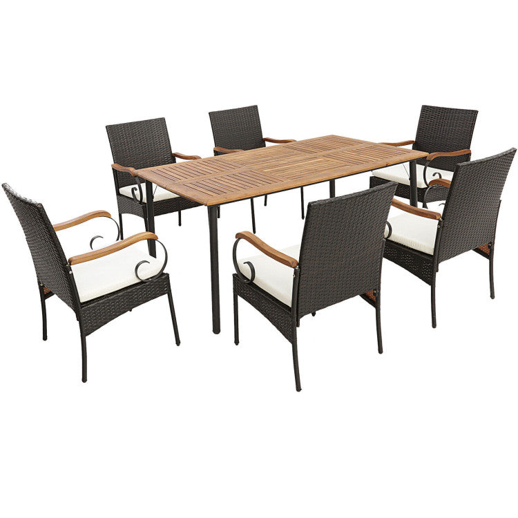Costway | 7 Pieces Patio Wicker Cushioned Dining Set with Umbrella Hole