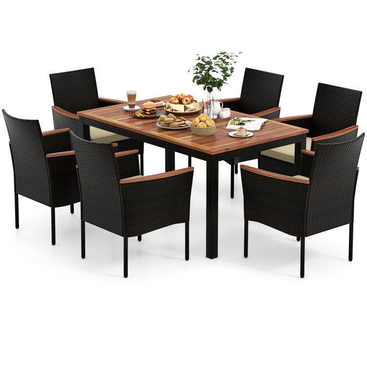 Costway | 7 Pieces Rattan Patio Dining Set with Stackable Chairs and Umbrella Hole