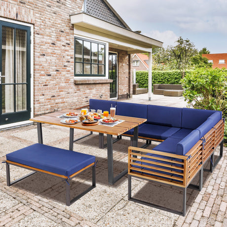Costway | 8 Pieces Patio Acacia Wood Dining Table Set with Ottoman Cushions