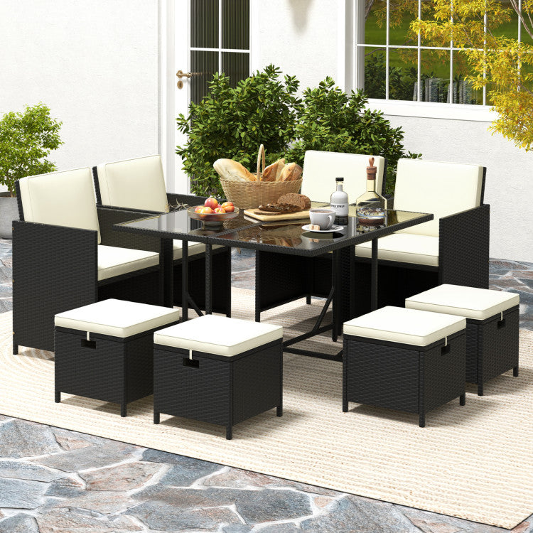 Costway | 9 Piece Outdoor Dining Furniture Set with Tempered Glass Table and Ottomans