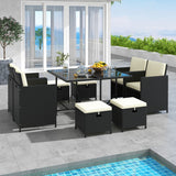 Costway | 9 Piece Outdoor Dining Furniture Set with Tempered Glass Table and Ottomans