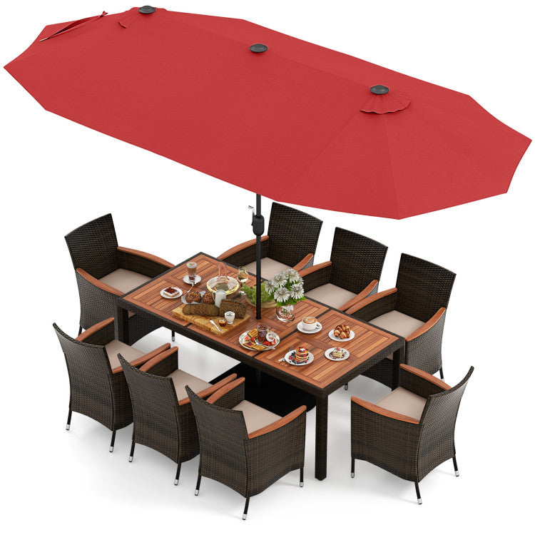 Costway | 9 Piece Outdoor Dining Set with 15 Feet Double-Sided Twin Patio Umbrella